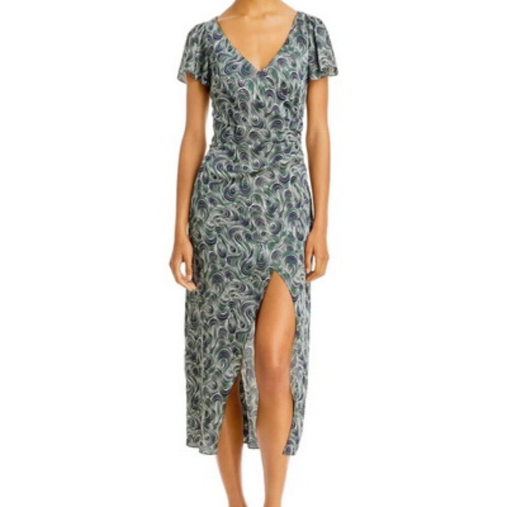 Cinq A Sept Dark Emerald Green and Blue Kacydie Abstract Midi Dress